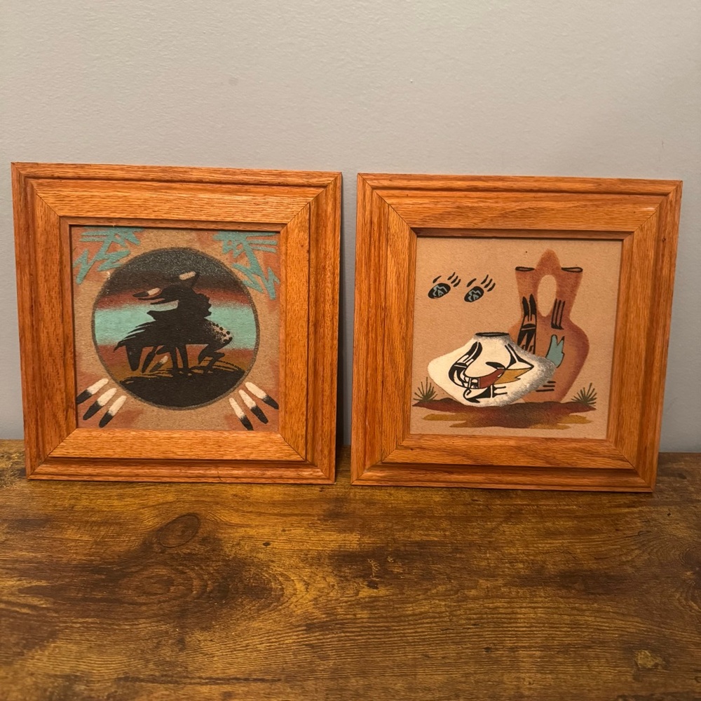 Vintage Native American Sand Painting Framed Art Pair End Of The Trail‎ Pottery